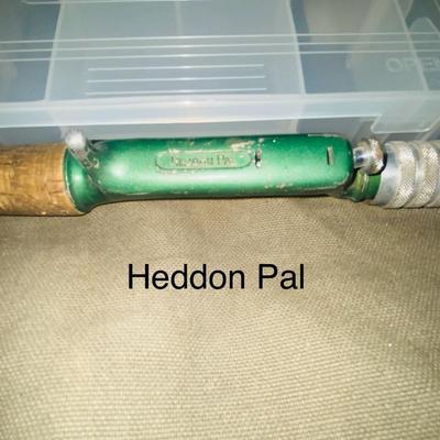 ARMY DUFFLE BAG, FISHING POLE AND VINTAGE HEDDON PAL & MORE
