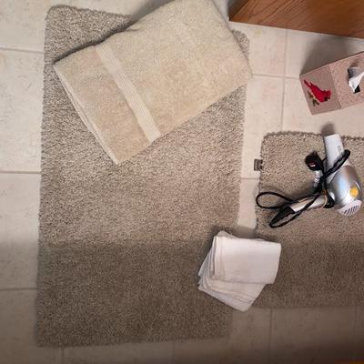 BATHROOM RUGS, BLOW DRYER, WICKER HAMPER, AND MORE