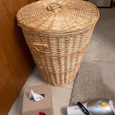 BATHROOM RUGS, BLOW DRYER, WICKER HAMPER, AND MORE
