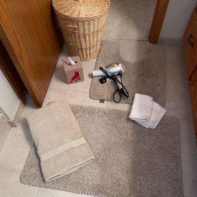 BATHROOM RUGS, BLOW DRYER, WICKER HAMPER, AND MORE