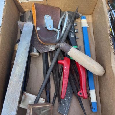 Box of files nacksaw blocks pry bar