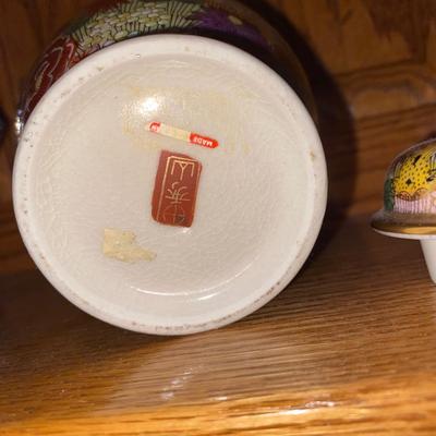 LEAD CRYSTAL CANDLE HOLDERS AND HAND PAINTED ASIAN GINGER JAR