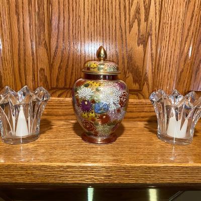 LEAD CRYSTAL CANDLE HOLDERS AND HAND PAINTED ASIAN GINGER JAR