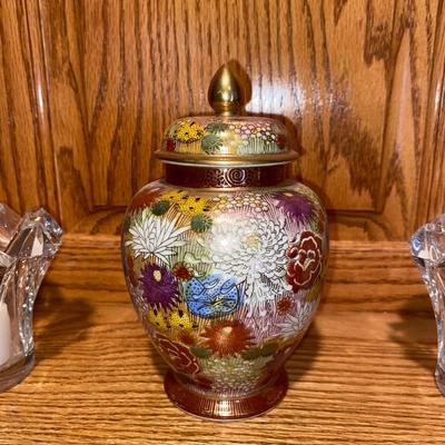 LEAD CRYSTAL CANDLE HOLDERS AND HAND PAINTED ASIAN GINGER JAR