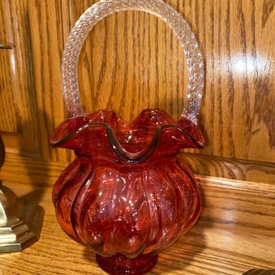 FENTON CRANBERRY RUFFLED BASKET AND SILVER PLATED CANDLESTICK HOLDERS