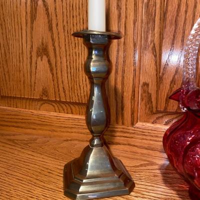 FENTON CRANBERRY RUFFLED BASKET AND SILVER PLATED CANDLESTICK HOLDERS