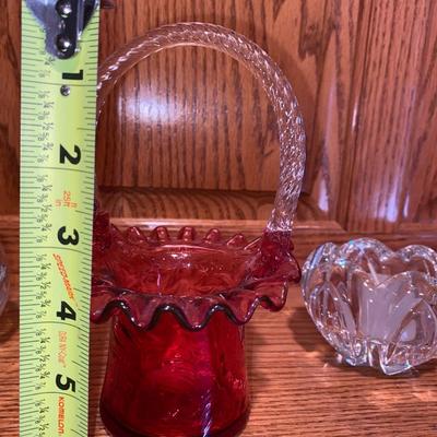 FENTON CRANBERRY RUFFLED BASKET AND SILVER PLATED CANDLESTICK HOLDERS