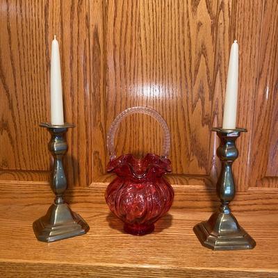 FENTON CRANBERRY RUFFLED BASKET AND SILVER PLATED CANDLESTICK HOLDERS