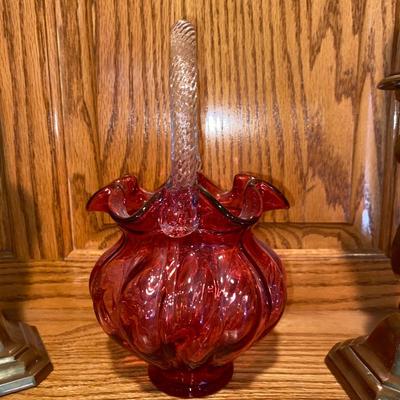 FENTON CRANBERRY RUFFLED BASKET AND SILVER PLATED CANDLESTICK HOLDERS