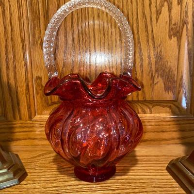 FENTON CRANBERRY RUFFLED BASKET AND SILVER PLATED CANDLESTICK HOLDERS