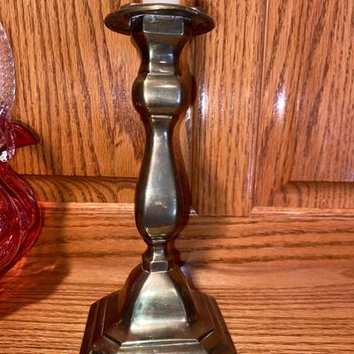 FENTON CRANBERRY RUFFLED BASKET AND SILVER PLATED CANDLESTICK HOLDERS
