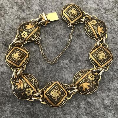 Vintage Damascene Black and gold tone bracelet, safety chain