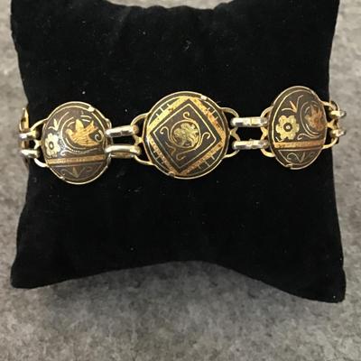 Vintage Damascene Black and gold tone bracelet, safety chain