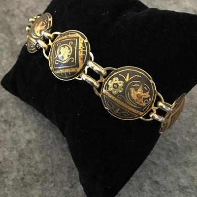 Vintage Damascene Black and gold tone bracelet, safety chain