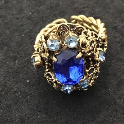 Gorgeous Vintage Czechoslovakia Adjustable Blue Cocktail Ring