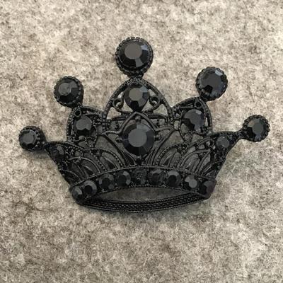Cute jet, black, rhinestone, crown, brooch