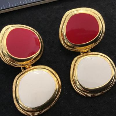 Red ,Cream Enamel Earrings Vintage