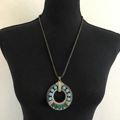 S A Q bronze, toned, rhinestone, pendant, fashion, necklace