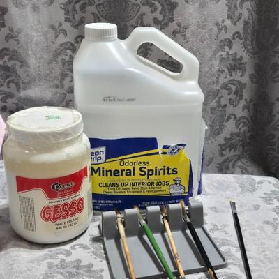 Mineral Spirits, Paint Brushes and Holder, and Gesso