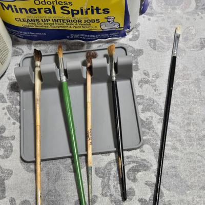 Mineral Spirits, Paint Brushes and Holder, and Gesso