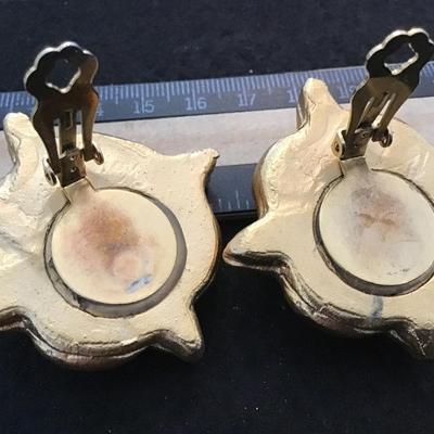 Beautiful Chunky Rhinestone Antique Gold Clip on Earrings Vintage