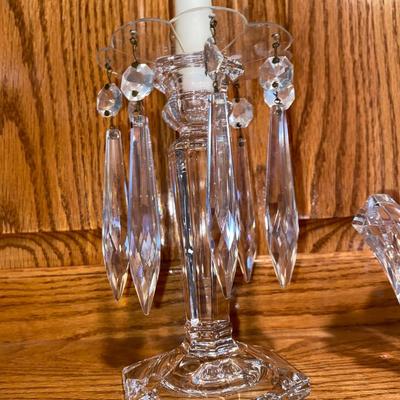 LEAD CRYSTAL CANDLESTICKS WITH DANGLING CRYSTALS AND A VOTIVE HOLDER