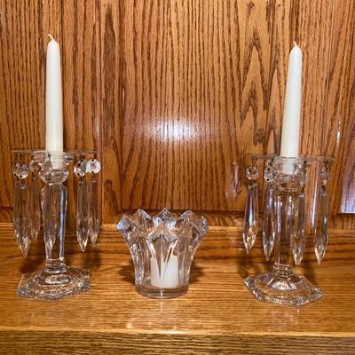 LEAD CRYSTAL CANDLESTICKS WITH DANGLING CRYSTALS AND A VOTIVE HOLDER