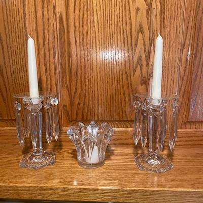 LEAD CRYSTAL CANDLESTICKS WITH DANGLING CRYSTALS AND A VOTIVE HOLDER