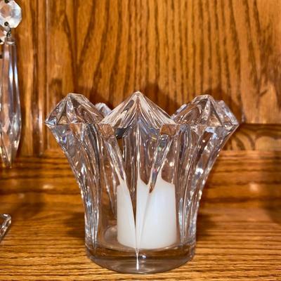 LEAD CRYSTAL CANDLESTICKS WITH DANGLING CRYSTALS AND A VOTIVE HOLDER