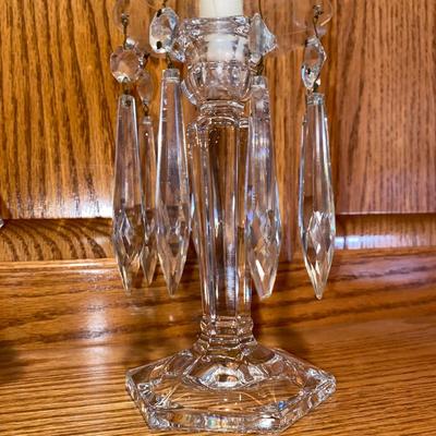 LEAD CRYSTAL CANDLESTICKS WITH DANGLING CRYSTALS AND A VOTIVE HOLDER