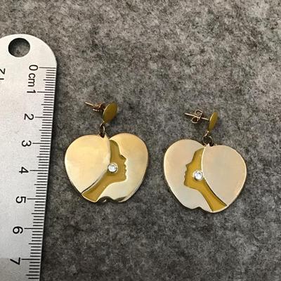 Mid century, gold, toned, yellow enamel apple face earrings