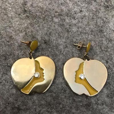 Mid century, gold, toned, yellow enamel apple face earrings