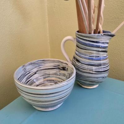 Beautiful pottery pitcher and bowl with dried arrangement - marked on base - From England