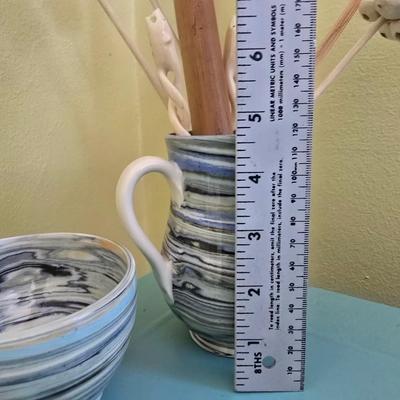 Beautiful pottery pitcher and bowl with dried arrangement - marked on base - From England