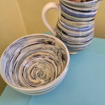 Beautiful pottery pitcher and bowl with dried arrangement - marked on base - From England
