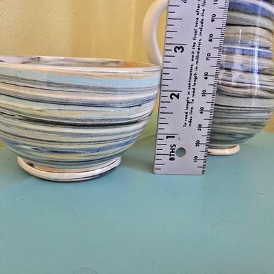 Beautiful pottery pitcher and bowl with dried arrangement - marked on base - From England