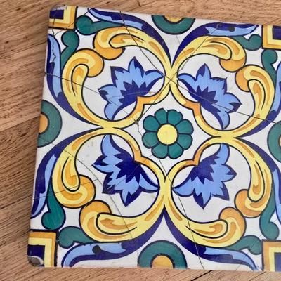 Antique oak accent table with ceramic tiles