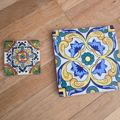 Antique oak accent table with ceramic tiles