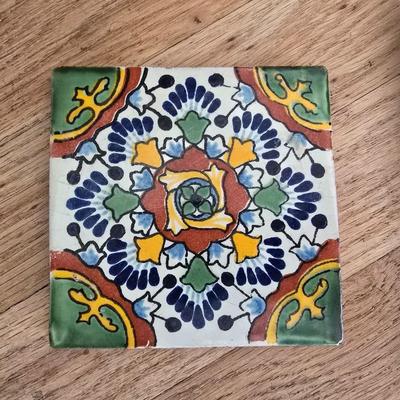Antique oak accent table with ceramic tiles