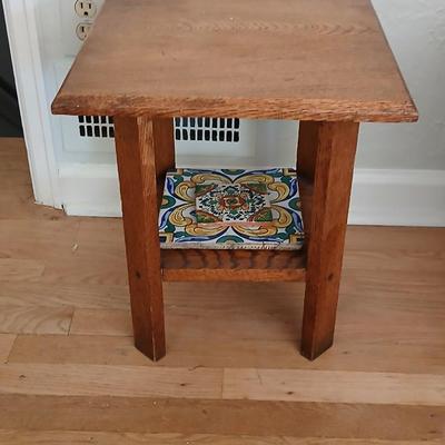 Antique oak accent table with ceramic tiles