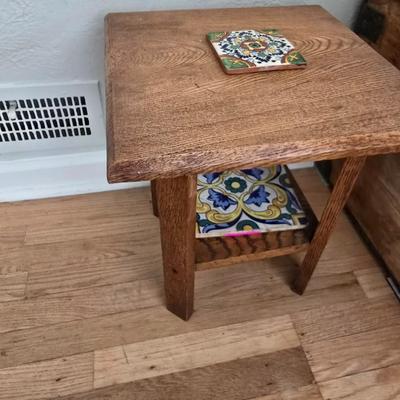 Antique oak accent table with ceramic tiles