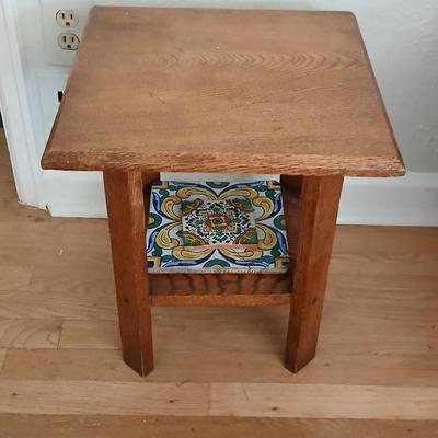 Antique oak accent table with ceramic tiles
