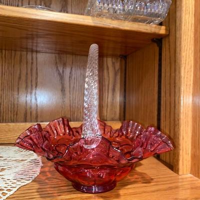 8” CRANBERRY COLORED FENTON BASKET AND DOILEY