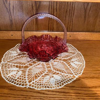8” CRANBERRY COLORED FENTON BASKET AND DOILEY