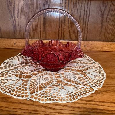 8” CRANBERRY COLORED FENTON BASKET AND DOILEY
