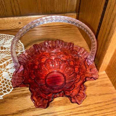 8” CRANBERRY COLORED FENTON BASKET AND DOILEY