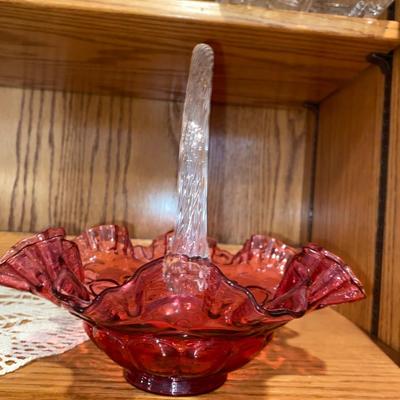8” CRANBERRY COLORED FENTON BASKET AND DOILEY