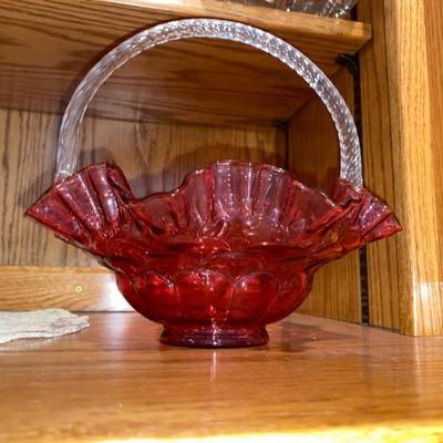 8” CRANBERRY COLORED FENTON BASKET AND DOILEY