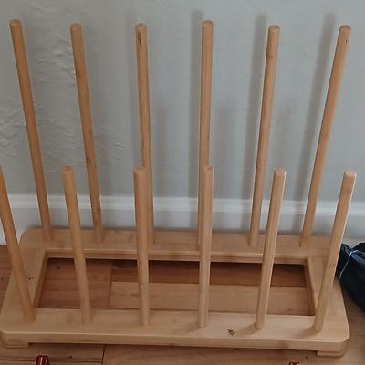 Bamboo boot rack -ICEtrekkers Diamond Grip Traction Cleats - and a heavy-duty metal over the door coat rack