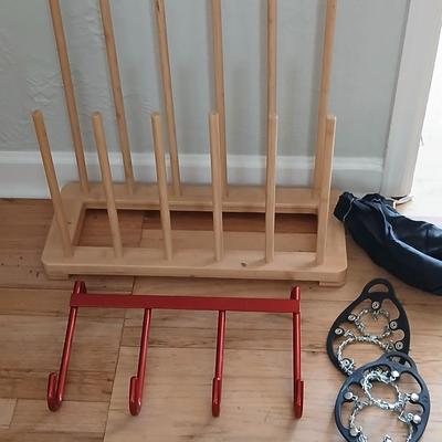 Bamboo boot rack -ICEtrekkers Diamond Grip Traction Cleats - and a heavy-duty metal over the door coat rack